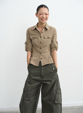 LINY LIBERTY 25AW 复古工装风卡其色收腰衬衫女修身长袖上衣