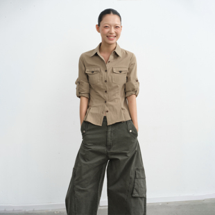 LINY LIBERTY 25AW 复古工装风卡其色收腰衬衫女修身长袖上衣