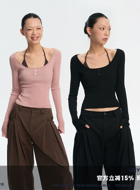 LINY LIBERTY 26SS 设计感大圆领修身短款针织上衣女长袖打底T恤