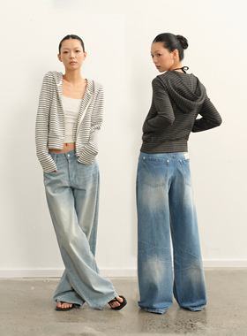 LINY LIBERTY 25AW 复古设计感条纹连帽开衫上衣女短款卫衣外套