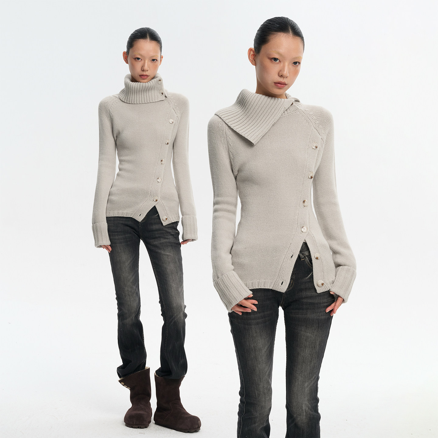 LINY LIBERTY 25AW 解构高领羊毛混纺毛衣女修身复古针织衫上衣