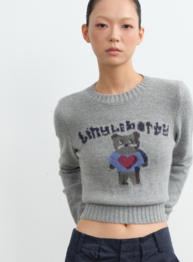 LINY LIBERTY 25AW 复古设计感卡通熊提花针织长袖毛衣女短款上衣