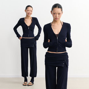 LINY LIBERTY26SS 修身V领收腰上衣拉链外套女翻折腰头束脚裤套装