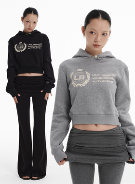LINY LIBERTY 24SS 复古字母印花短款连帽卫衣女针织微喇长裤套装