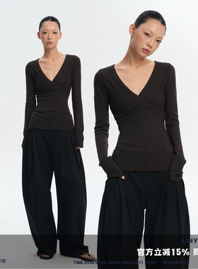 LINY LIBERTY 26SS 设计感修身V领显瘦针织毛衣女打底T恤上衣