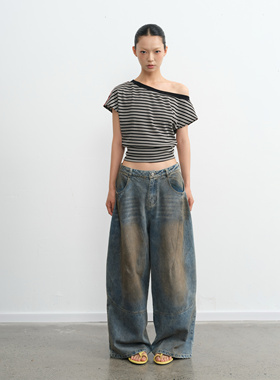 LINY LIBERTY 25SS 复古宽松黑白条纹露肩短袖T恤女后背镂空上衣