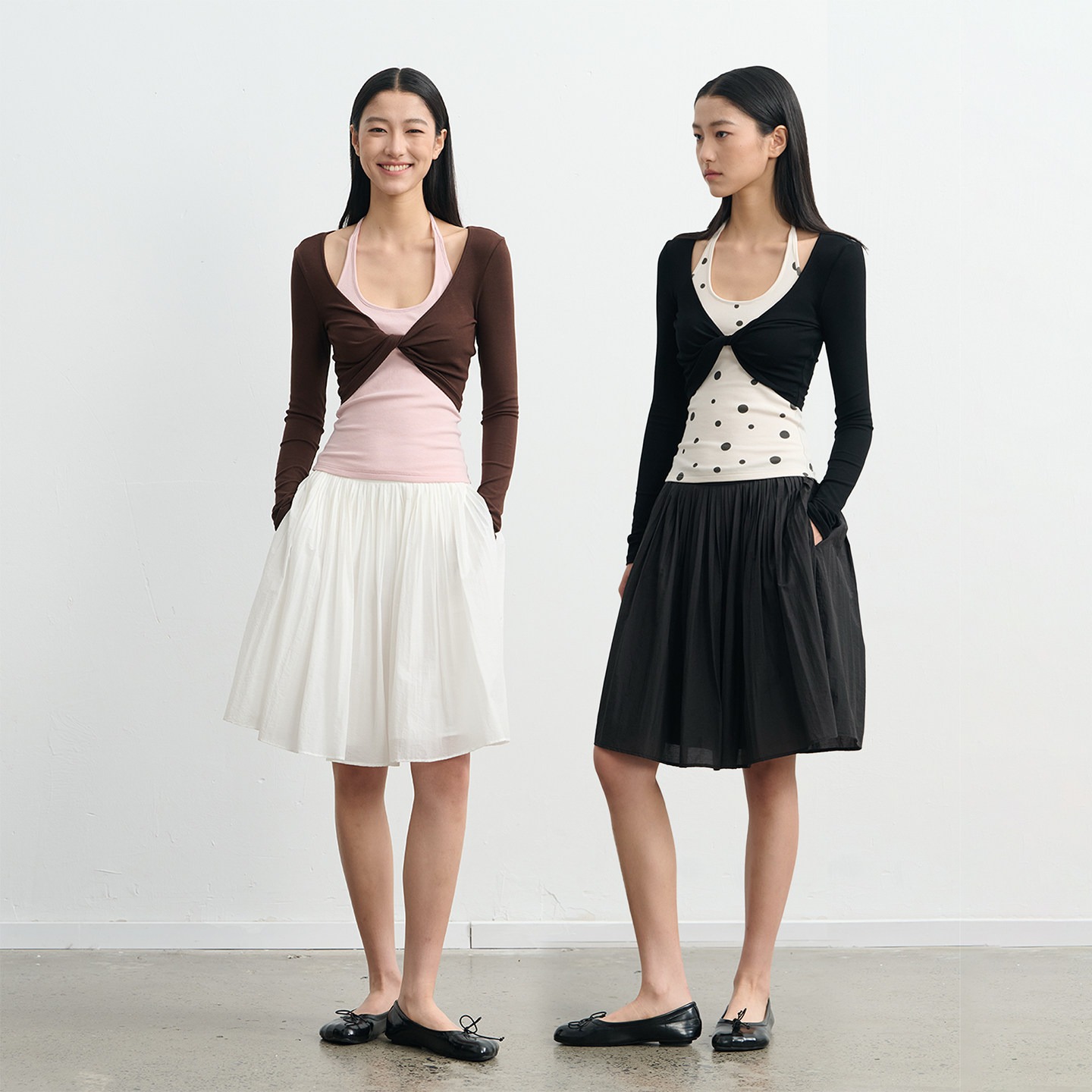 LINY LIBERTY 26SS 设计感撞色挂脖纽结假两件长袖T恤女修身上衣