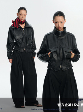 LINY LIBERTY 26SS 复古风立领短款黑色PU皮衣女宽松夹克外套上衣