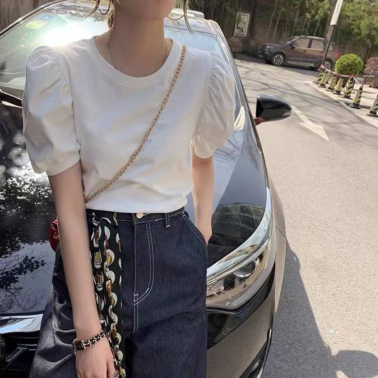 时尚气质泡泡袖女上衣潮夏季新款韩版圆领学生纯棉短袖T恤打底衫
