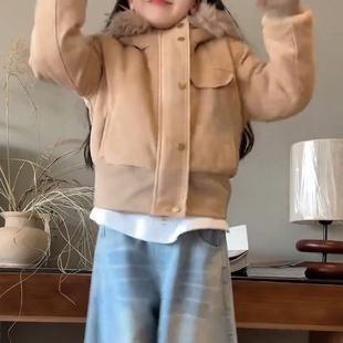女童中大童毛领连帽外套冬季加绒韩系甜酷时尚短款修身夹克上衣潮
