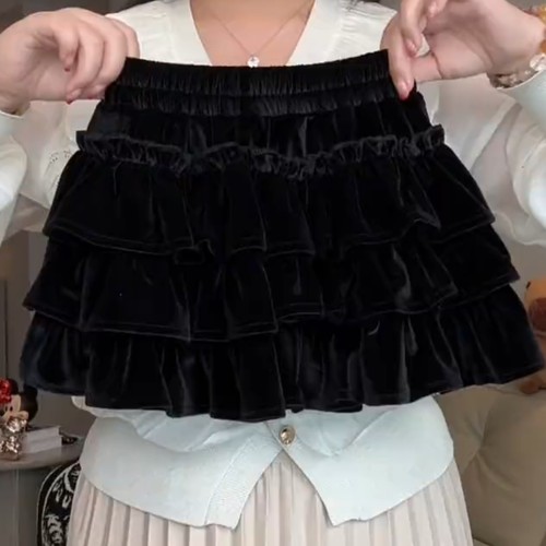 女童丝绒蛋糕裙秋冬款中大童女童半身裙宝宝裙黑色蓬蓬裙短款