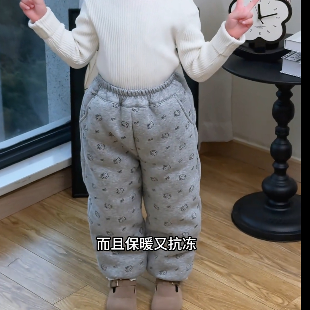 女童加绒裤子秋冬新款卡通一体绒印花可爱休闲运动裤宽松百搭长裤