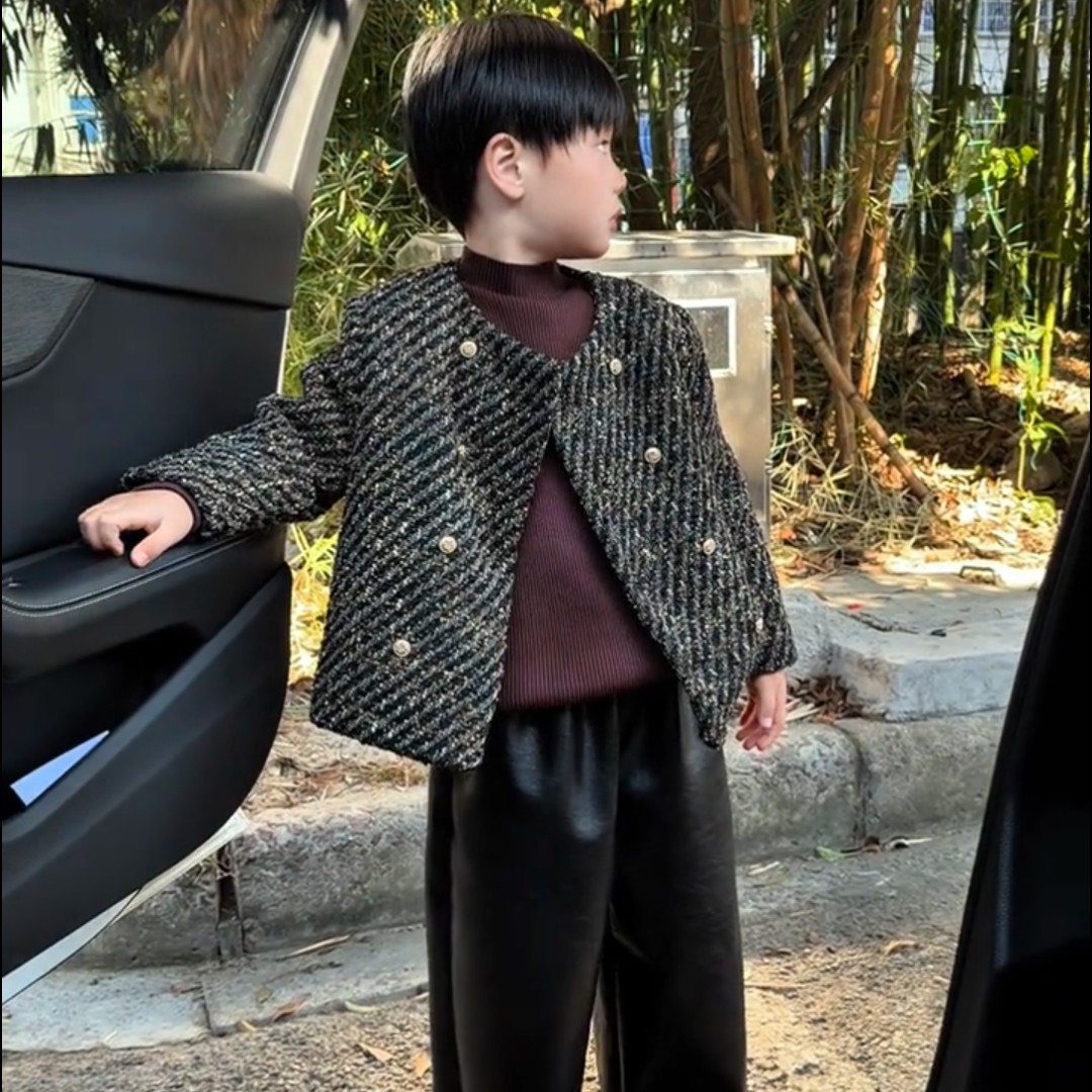 高级感男童西装套装秋冬加绒儿童小香风外套帅气时髦男孩花童西服