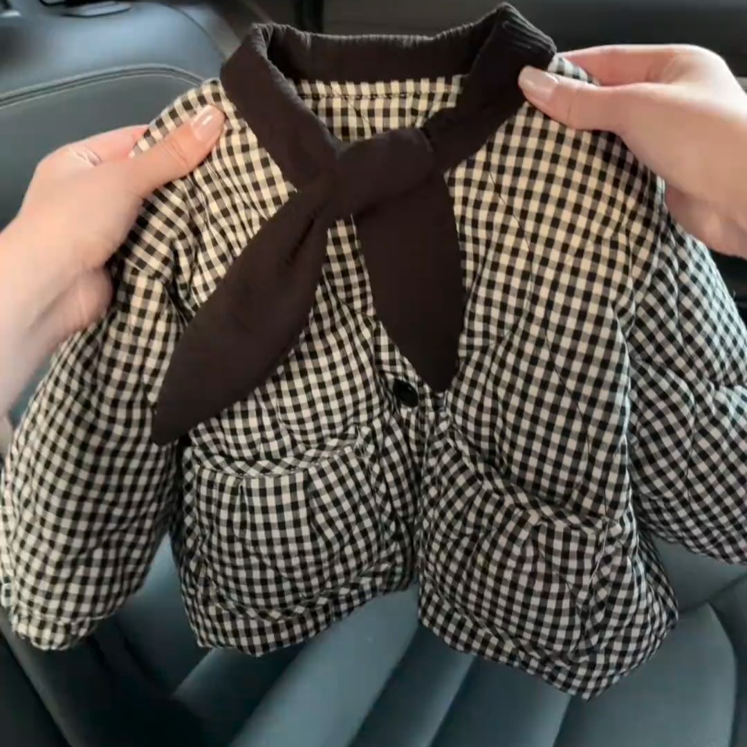 原创设计秋冬季女童黑色格子棉衣加厚小香风棉袄外套