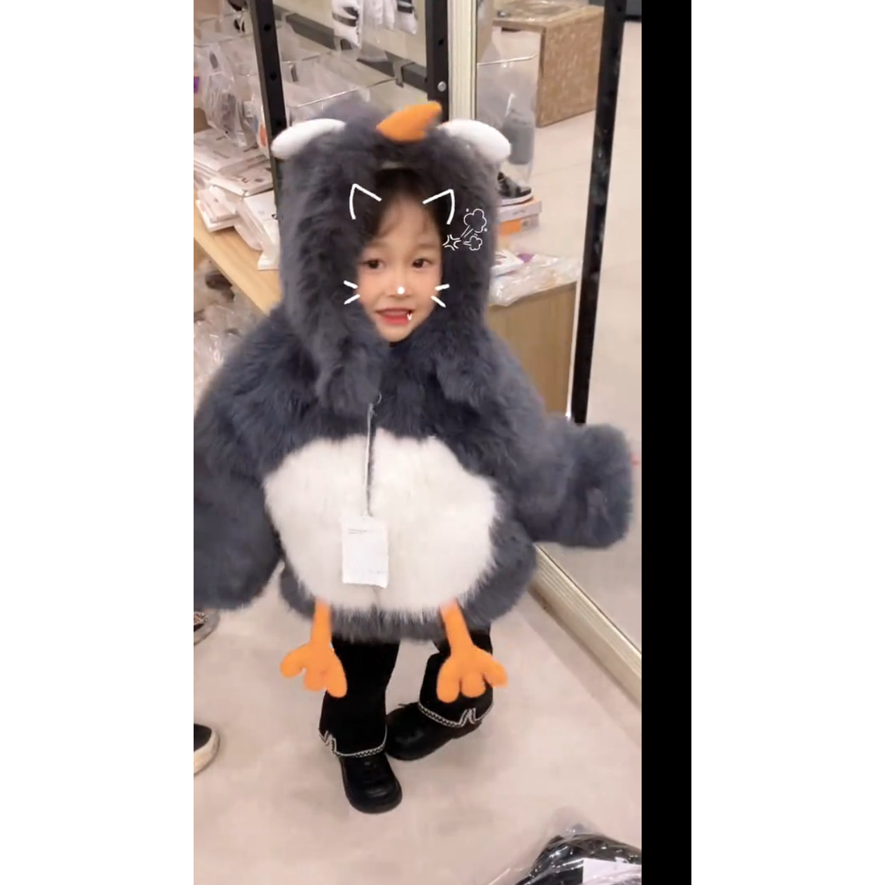 儿童冬装毛绒外套女童毛毛衣加绒加厚男童宝宝连帽企鹅上衣超萌