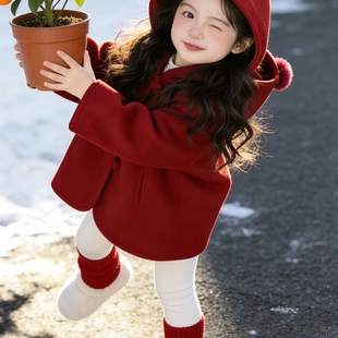 女童红色新年款连帽双面呢大衣中长款加绒加厚保暖毛呢外套冬