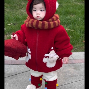 女童外套加绒秋冬季2025新款宝宝冬装加厚红色圣诞儿童服装毛毛衣