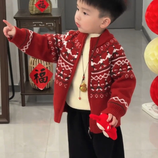 费尔岛男童新年圣诞毛衣秋冬款2026新款冬季儿童加厚红色针织衫