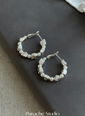 PANACHE 小众冷淡风熔岩碎银子珍珠圈圈耳环 设计高级感百搭耳饰