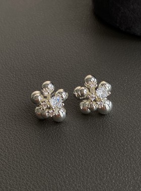 PANACHE 清冷感不规则金属球锆石花簇耳钉 小众气质高级感耳饰女