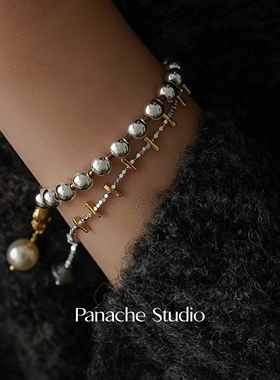 PANACHE 手作银色圆球线条可叠戴编织款手链 小众高级感精致手饰