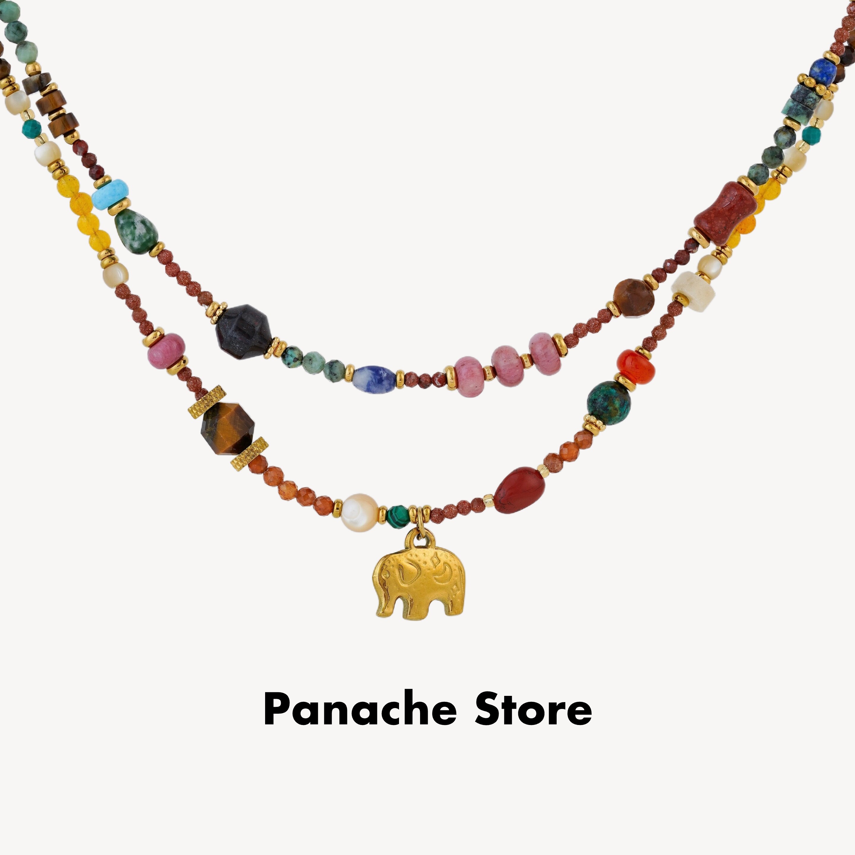 PANACHE 天然石小象吊坠串珠项链 小众可叠戴复古高级感锁骨链