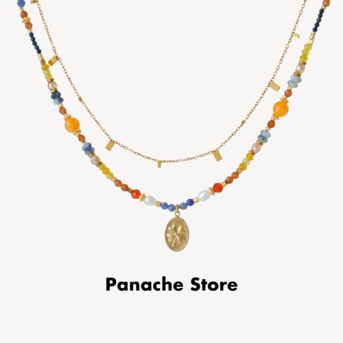 PANACHE 天然石四叶草吊坠串珠项链 小众可叠戴复古高级感锁骨链