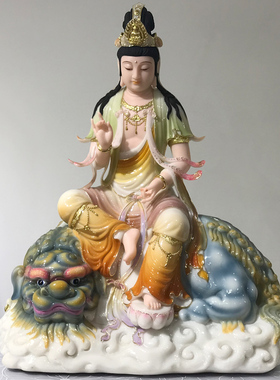 汉白玉文殊菩萨佛像居家供奉普萨普贤家用摆件手彩绘华严三圣神像