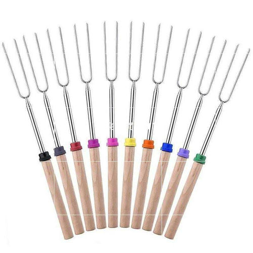 (10 Pack) Stainless Steel BBQ Forks Wooden Handle Telescopin