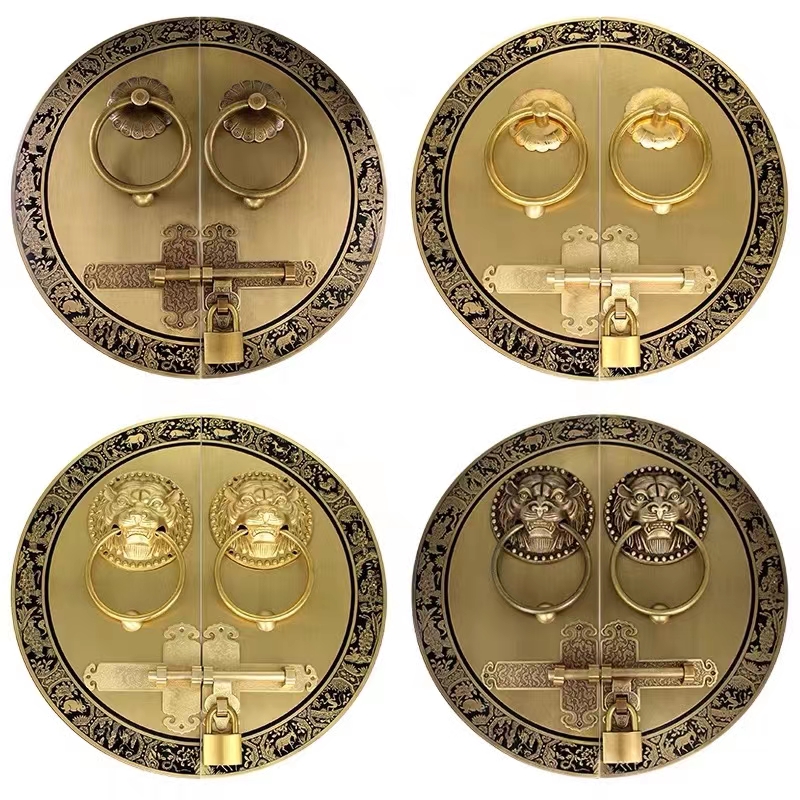 明插销仿古中式门栓双开大门铜把手户外花园复古木门门锁纯铜拉手