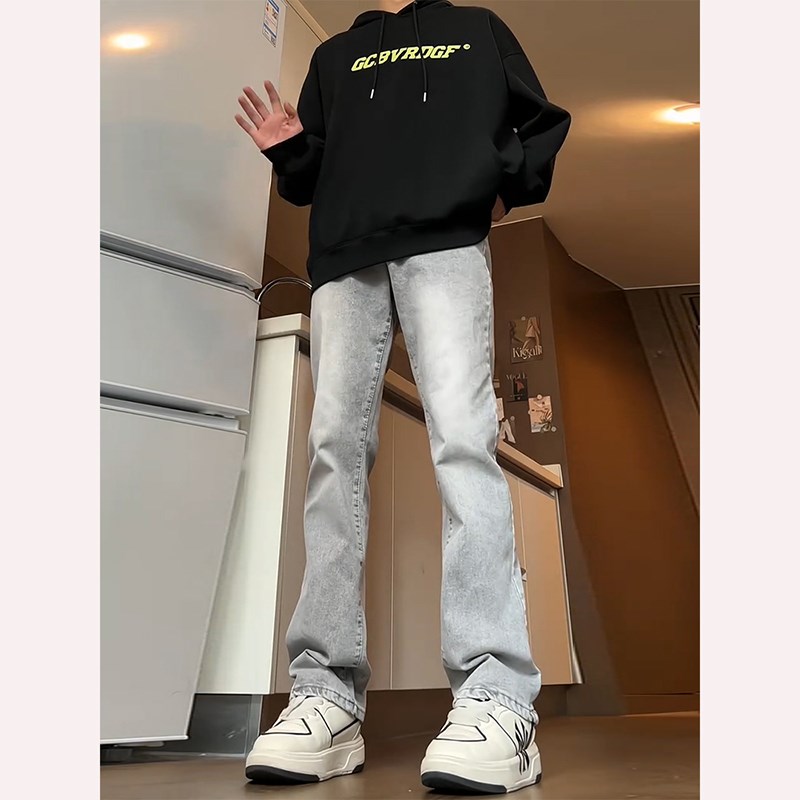 雾霾烟灰色牛仔裤男夏季薄款美式复古vibe裤子修身弹力微喇直筒裤