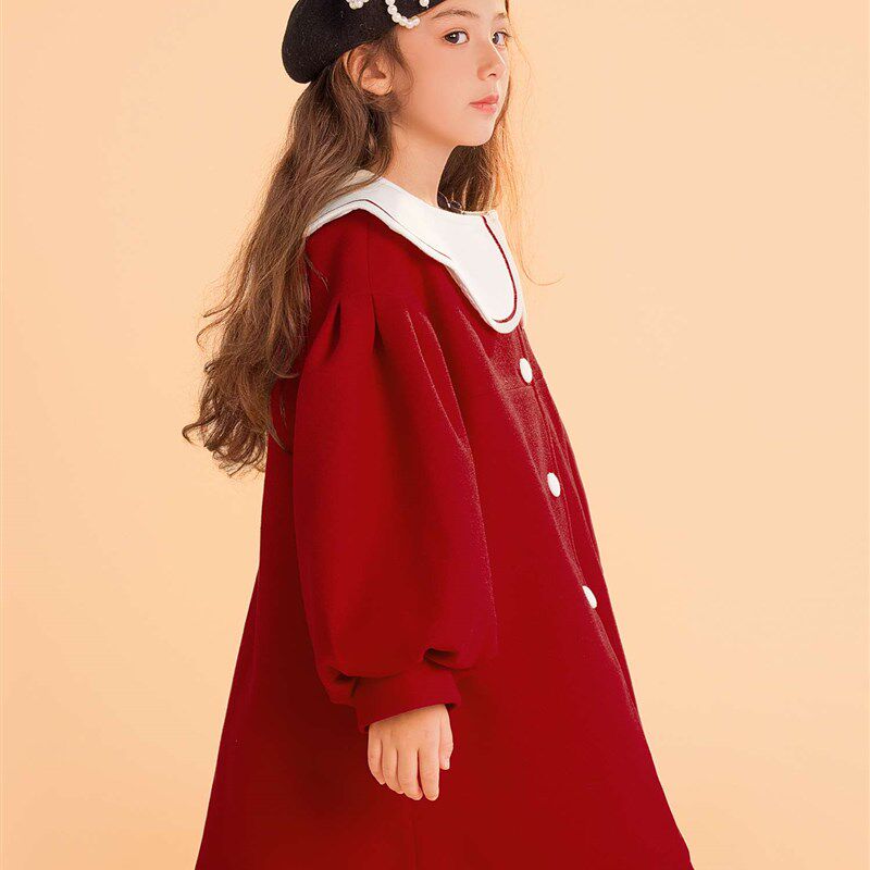 极速笛牧女童外套2022秋冬装新款红色翻领洋气小女孩中长款儿童呢