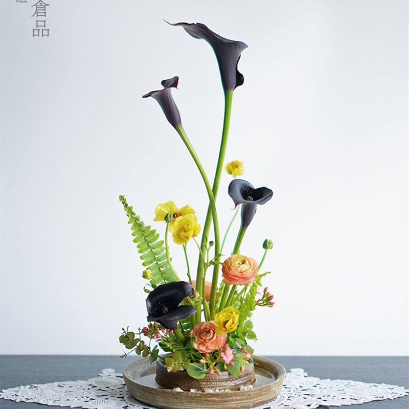 好货墨蓝色的花器手作设计师款花瓶中式日式花道插花器皿陶瓷不规