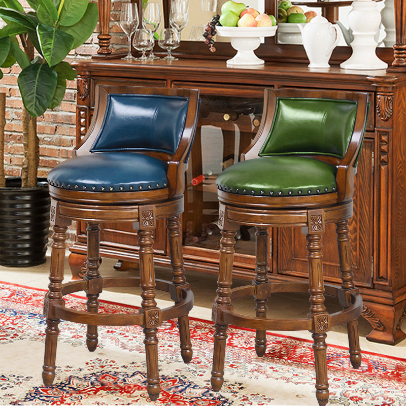 美式吧椅欧式实木吧台椅圆复古吧凳高脚凳家用靠背酒吧吧台凳旋转