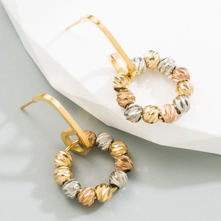 跨境新款创意转运珠耳环长版钛钢电镀金穿银环气质高级感耳饰