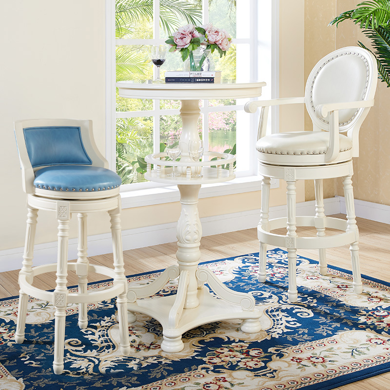 美式实木吧台椅欧式复古高脚凳轻奢靠背旋转家用休闲白色酒吧椅子