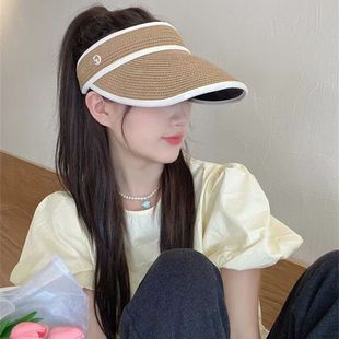 韓國遮陽帽發卡草帽夏季 海邊度假帽子 大帽檐空頂成人透氣簡約韓版