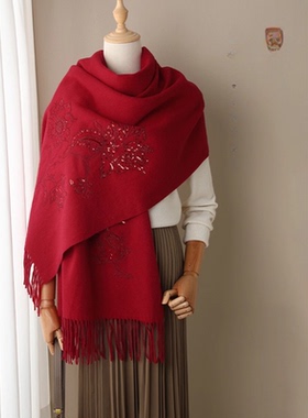 中国风纯羊毛披肩女冬季刺绣流苏保暖围巾高级感新年喜庆红色丝巾