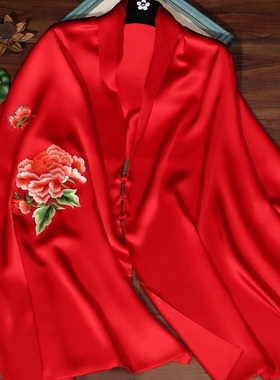 新款真丝桑蚕丝手工苏绣高级感丝绸外搭围巾丝巾长款红色披肩披巾