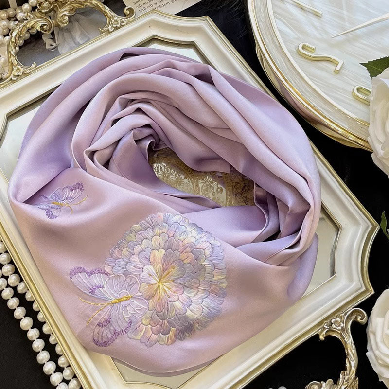 高档真丝刺绣围巾女蝴蝶盘花桑蚕丝女士中年妈妈礼品丝巾旗袍披肩