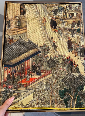 清明上河图真丝双面缎大方巾女国风高端送礼桑蚕丝丝巾印花红色