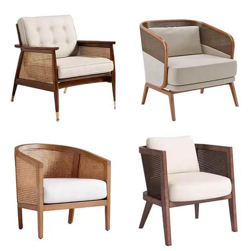 北欧藤编单人实木沙发椅新中式民宿售楼处样板房设计师沙发椅定制