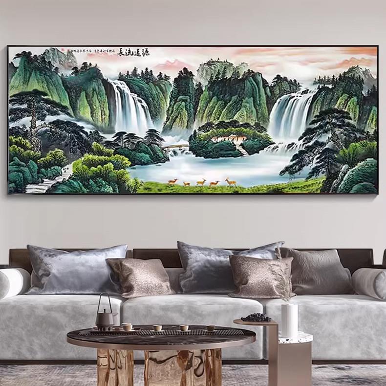流水生财泰山画靠山图日出中式水墨国画办公室客厅挂画风水山水画