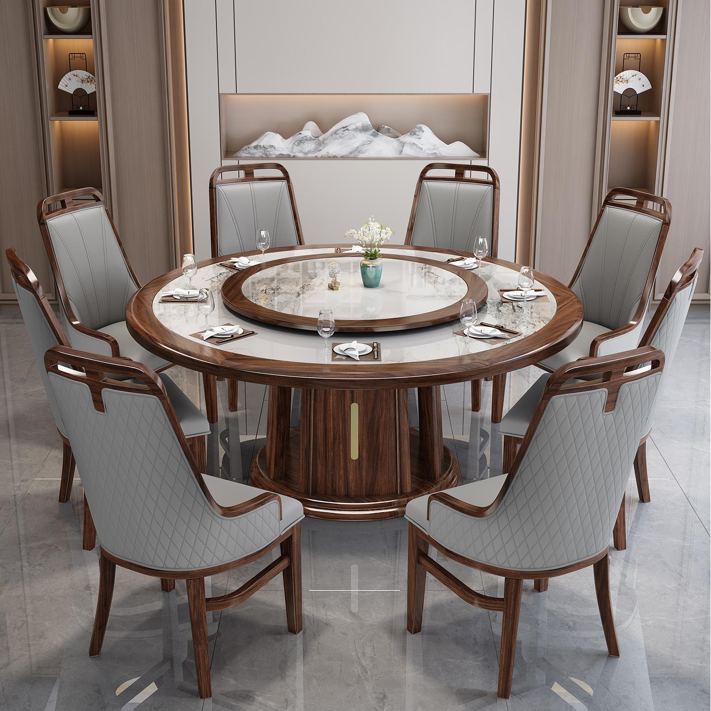 新中式实木餐桌椅组合轻奢家用乌金木包边岩板饭桌餐厅别墅大圆桌
