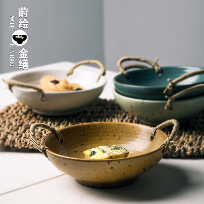 网红粗陶覆古怀旧餐具创意日式双耳汤碗麻绳老式土陶面 面碗个性