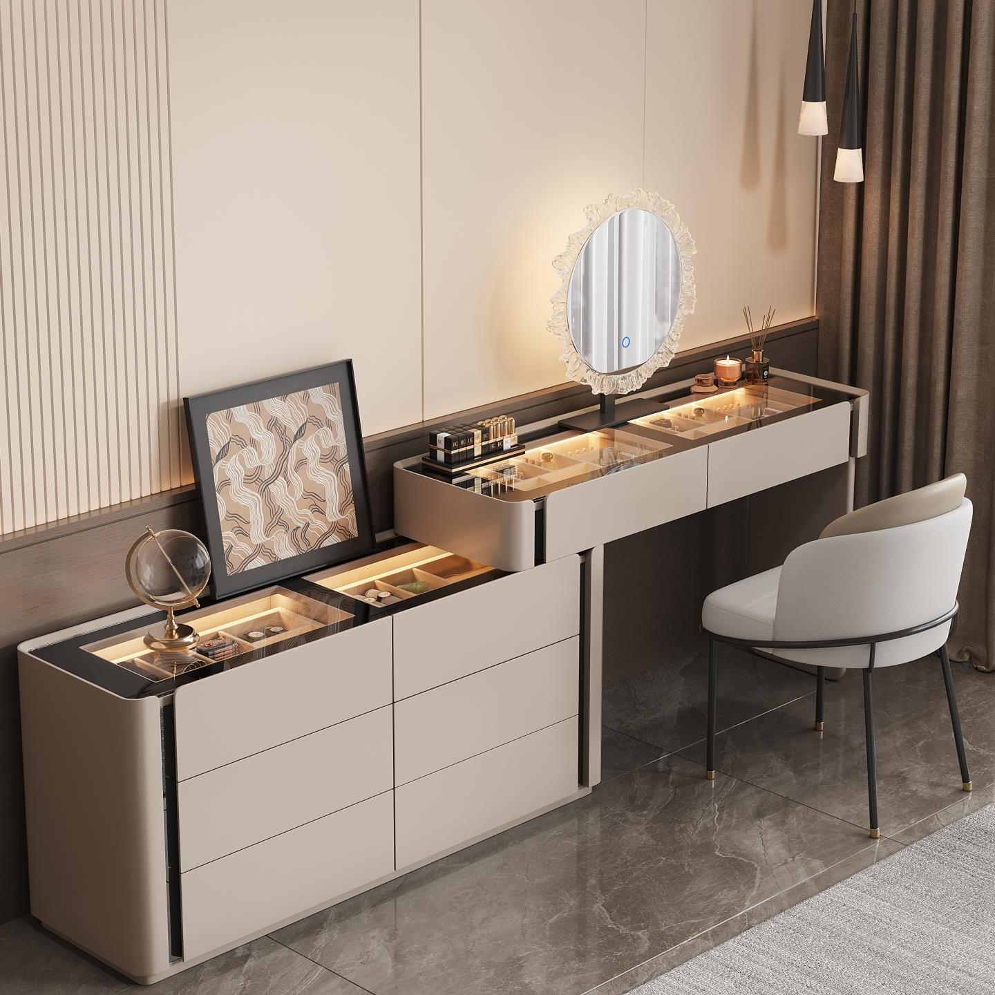 2025新款化妆台斗柜一体意式极简实木现代卧室简约飘窗转角化妆桌