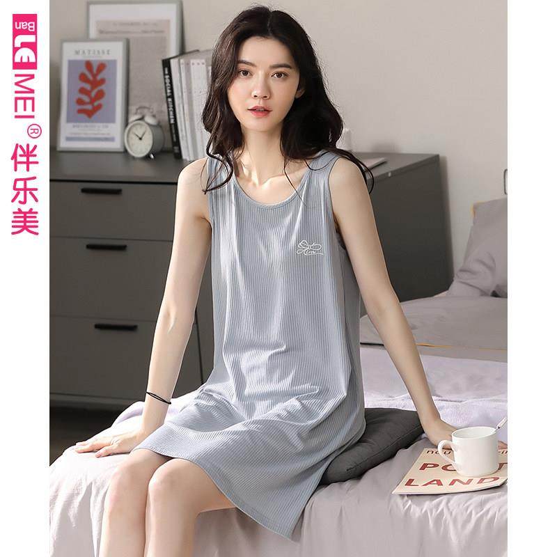 睡衣女士夏季莫代尔睡裙背心吊带无袖薄款棉绸休闲 宽松洋装中裙