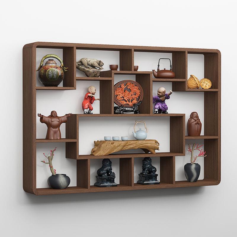 博古架实木中式壁挂式墙上置物架多宝阁现代简约摆件茶室茶壶展示