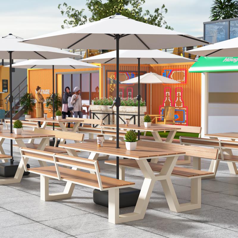 户外桌椅组合连体露天庭院防水防晒奶茶店塑木带靠背桌椅外摆一体