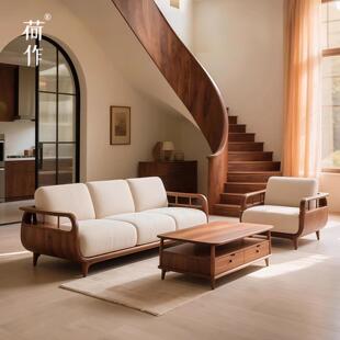 荷作宋氏美学实木茶几沙发组合新中式黑胡桃木别墅客厅直排布艺